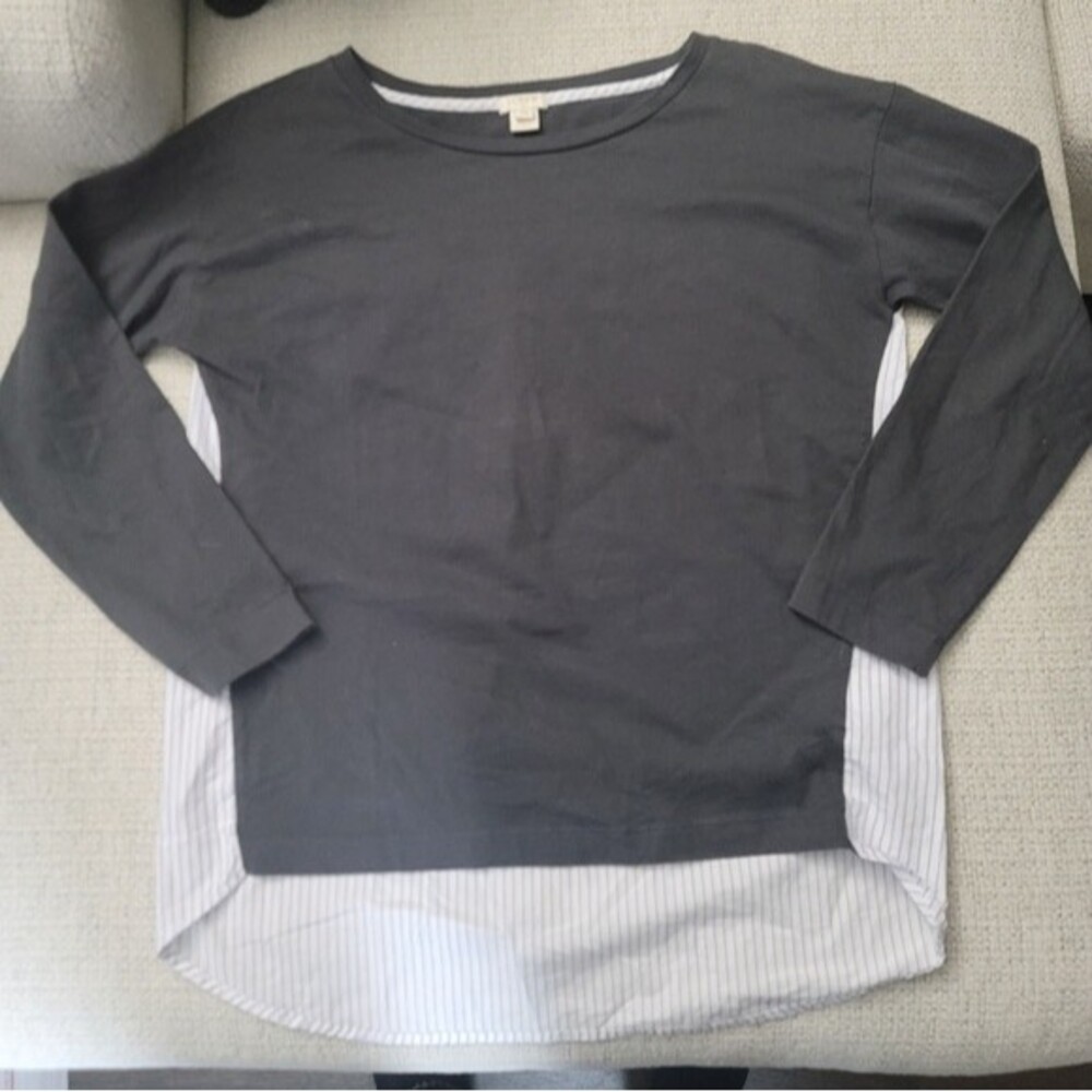 J. Crew Long-sleeved Oversized Grey Front Blue and White Striped back Scoop Neck